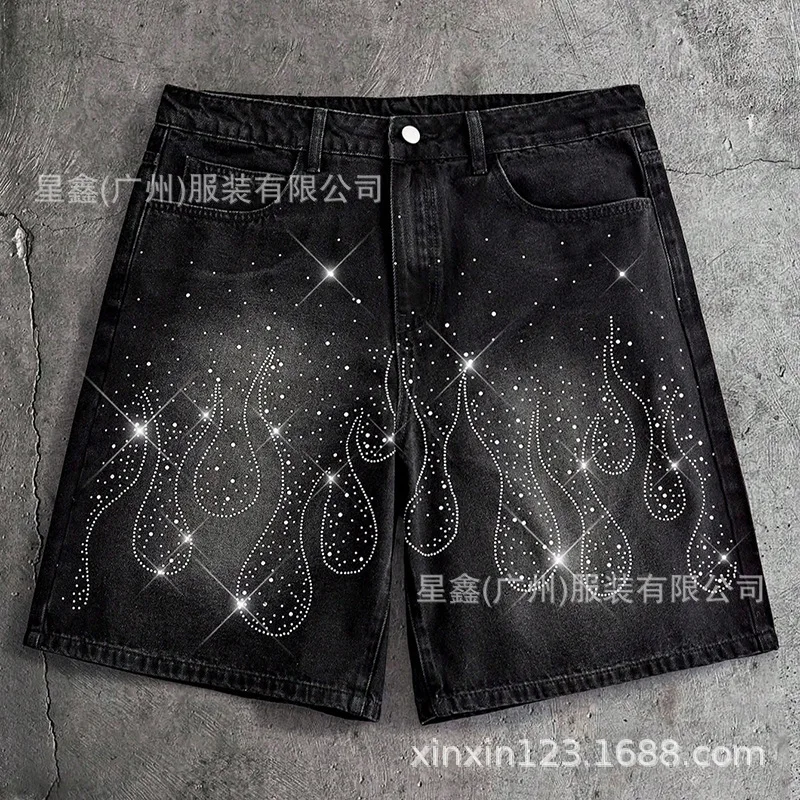 Men's Casual Denim Shorts Mid Waist Printed Summer Jean Shorts