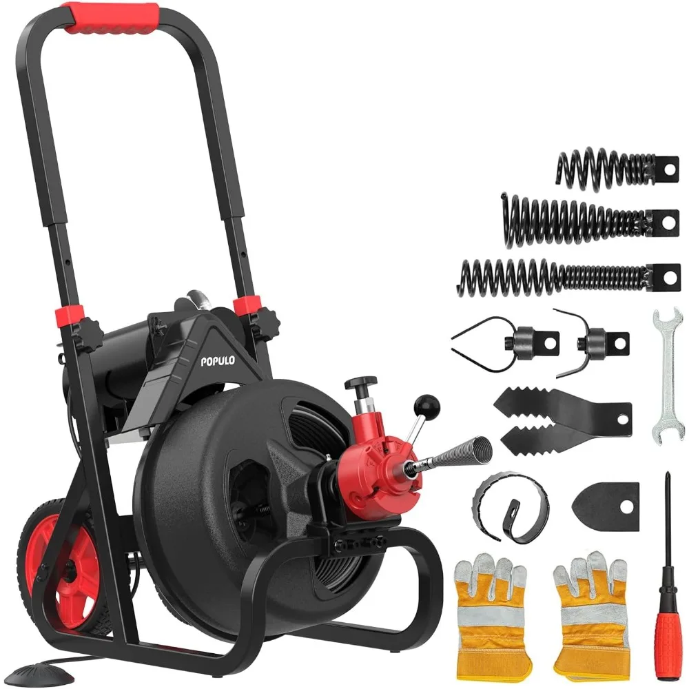 

Auto Feed 75 FT×1/2 Inch Electric Drain Snake With Mobile 8” Wheel,650W Drain Auger Includes 8 Cutters Suitable For 2-4”
