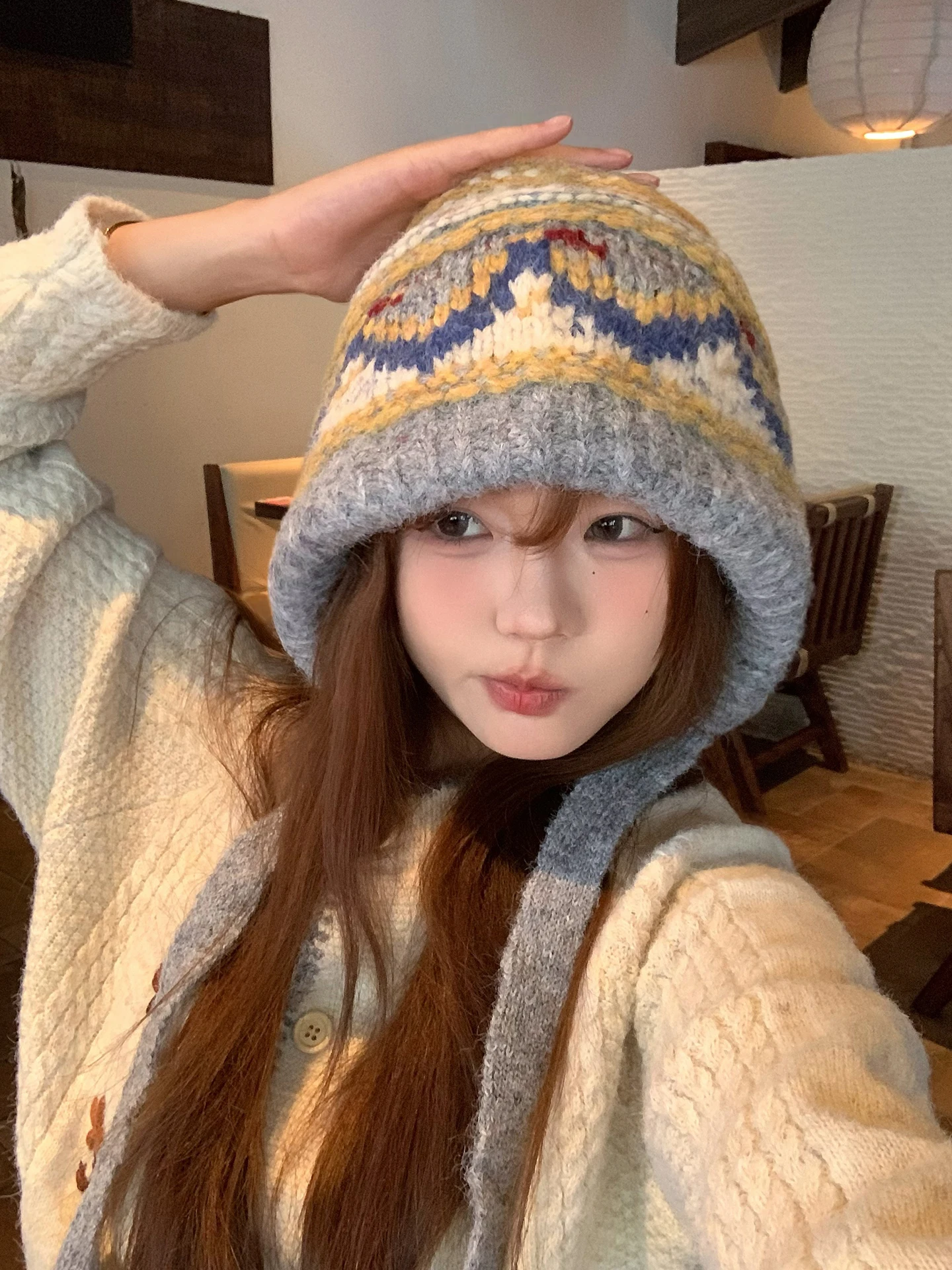 Retro Knitted Hat Women's Autumn Winter Warmth Woolen Scarf Hat Lazy Style Ear Protection Non-Adjustable Foldable Cap