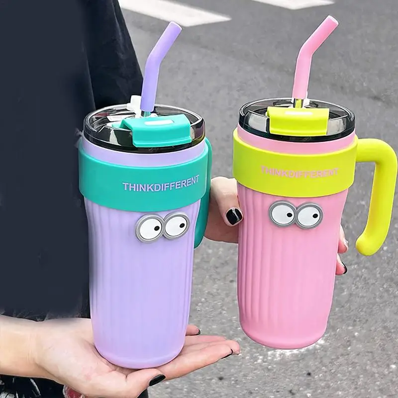 Tumbler With Handle Travel Mug Cupholder Friendly With 3D Eye Sticker Large Capacity Insulated Cup For Men Women Travel