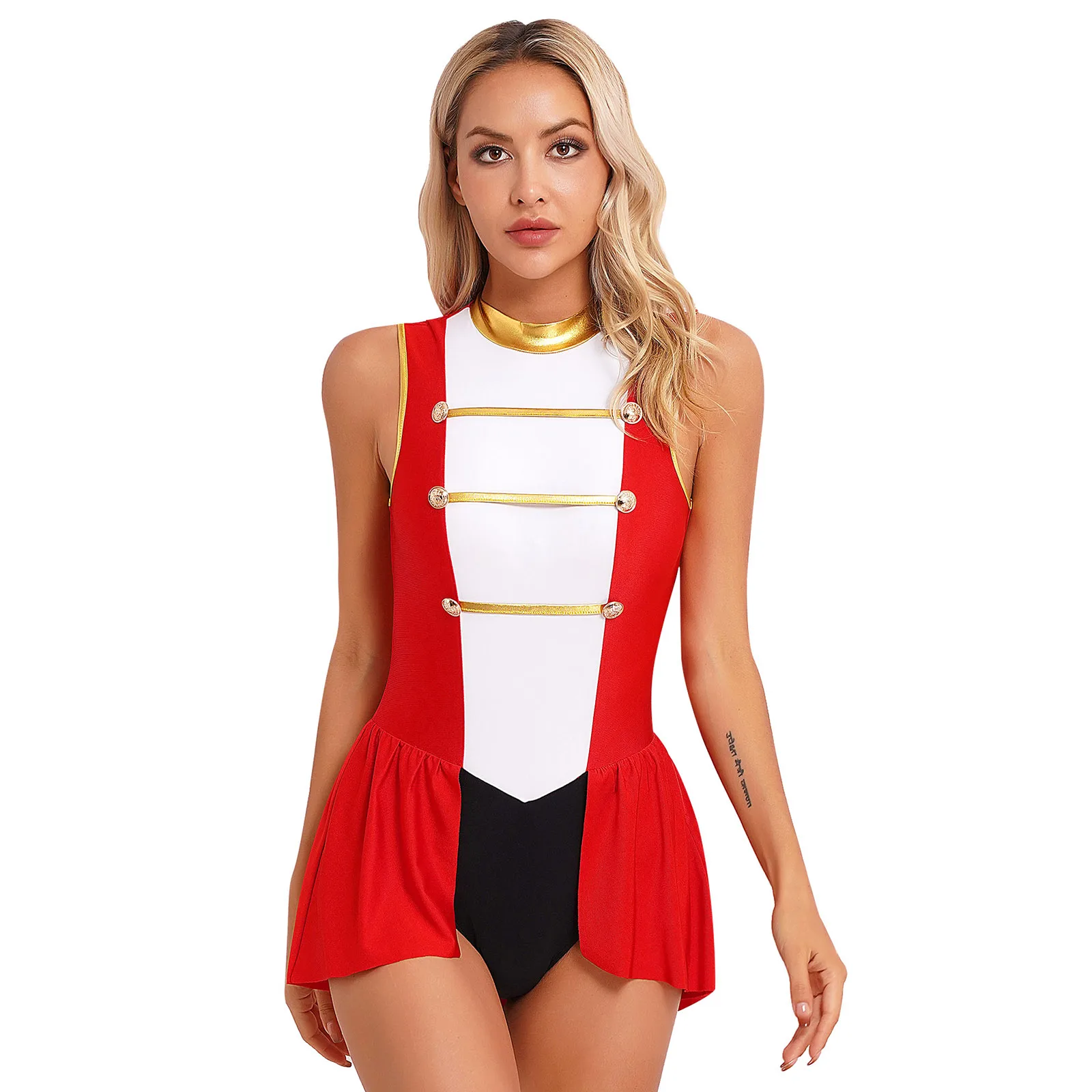 

Women Circus Ringmaster Halloween Cosplay Costume Showman Fancy Dress Sleeveless Cutout Skirted Bodysuit Carnival Party Jumpsuit