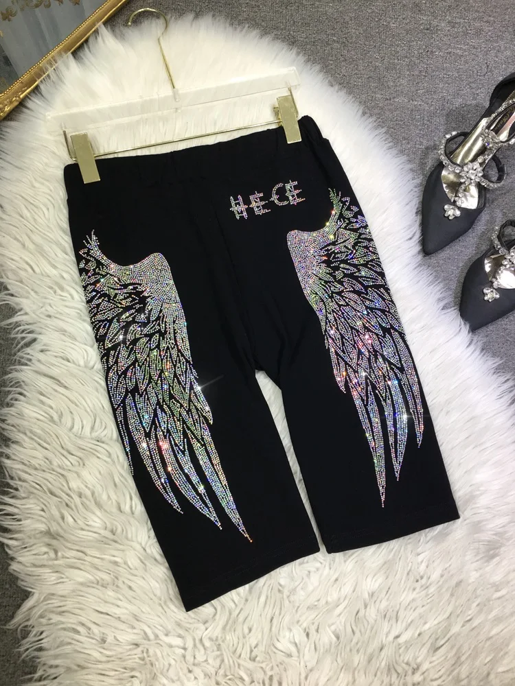 High Qaulity Big Wings Hot Drilling Women Leggings Summer Black Cotton Knee-length Pants Elastic Waist Fitness Yoga Leggings