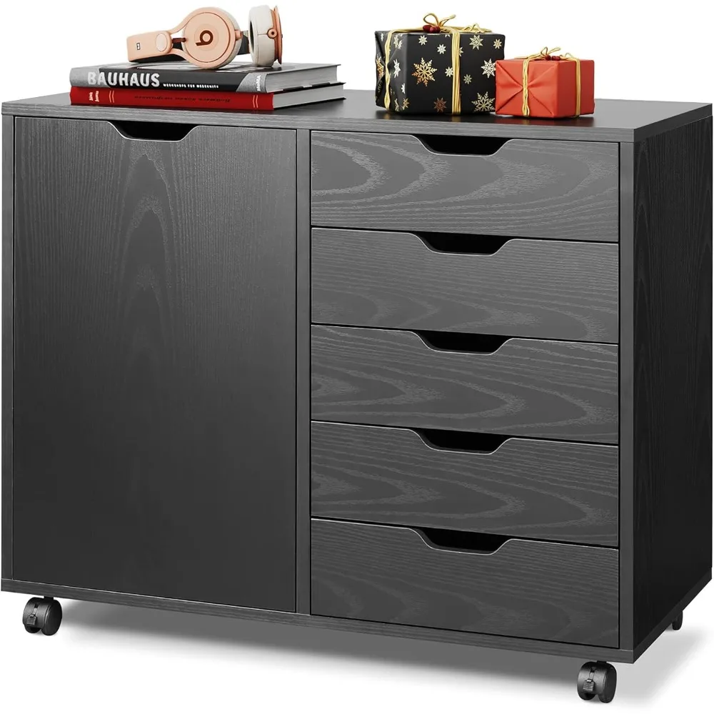 5-Drawer Wood Dresser Chest with Door, Mobile Storage Cabinet, Printer Stand for Home Office