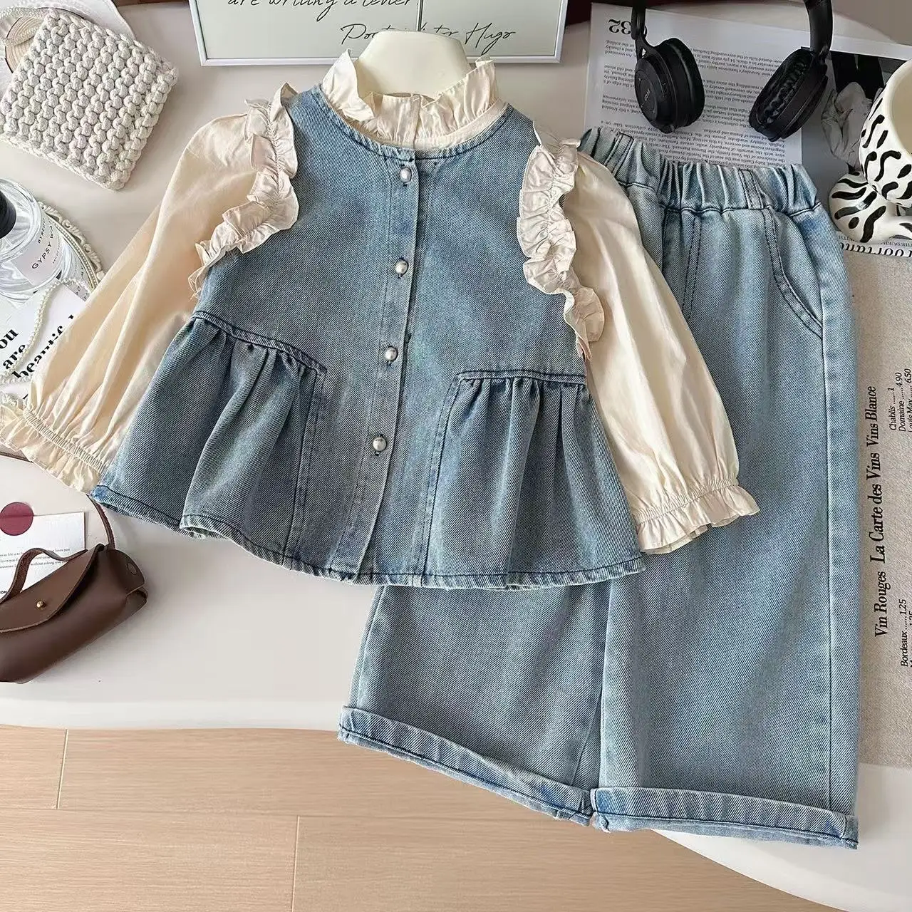 

Cotton Solid Shirt Lace Ruched Denim Vest Loose Straight Jeans Toddler Girls Clothing Set 2025 New Kids Outfits