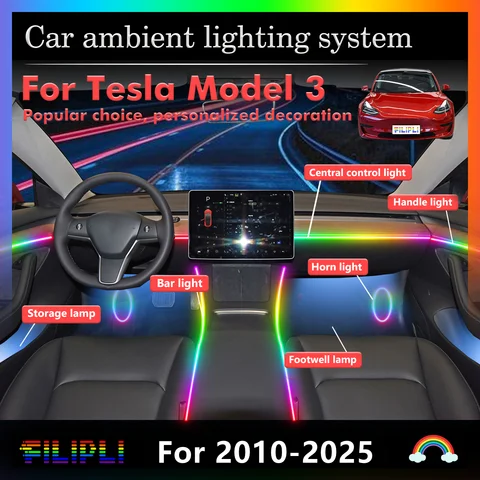 테슬라 모델 3 RGB 64 색상 LED 스마트 원격 제어 자동차 인테리어 주변 조명 에너지 절약 효율적인 램프 키트