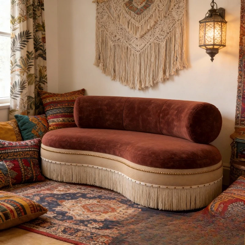 Crescent curved velvet fringed sofa hotel leisure fabric sofa