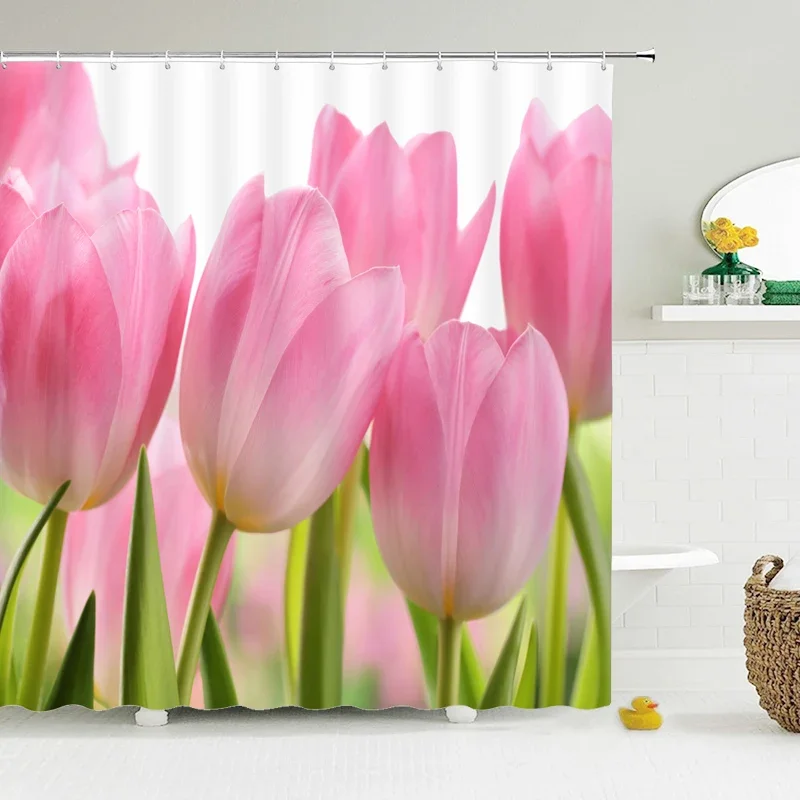 Tulip Rose Fresh Flowers Shower Curtains Waterproof Polyester Fabric 3D Printed Bathroom Screen Home Decoration Shower Curtain