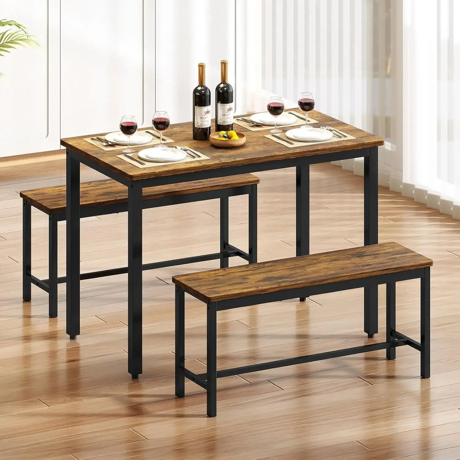 

43" Dining Table Set for 4, Modern Space Saving Kitchen Breakfast Table with Benches & Adjustable Feet, Wooden Industrial Style