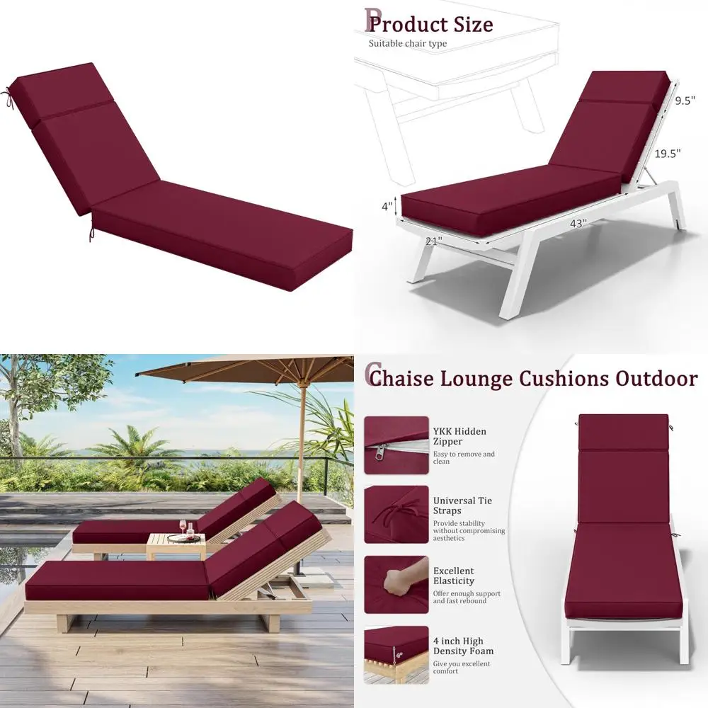 

Outdoor High-Density Foam Chaise Lounge Cushions 72x21x4 - Waterproof with Ties, Durable Lounge Chair Cushions for Patio Furnitu