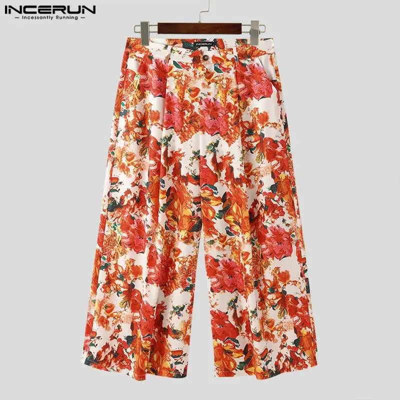 2024 Men Wide Leg Pants Printing Button Joggers Casual Trousers Men Streetwear Loose Pleated Fashion Leisure Pants S-5XL INCERUN