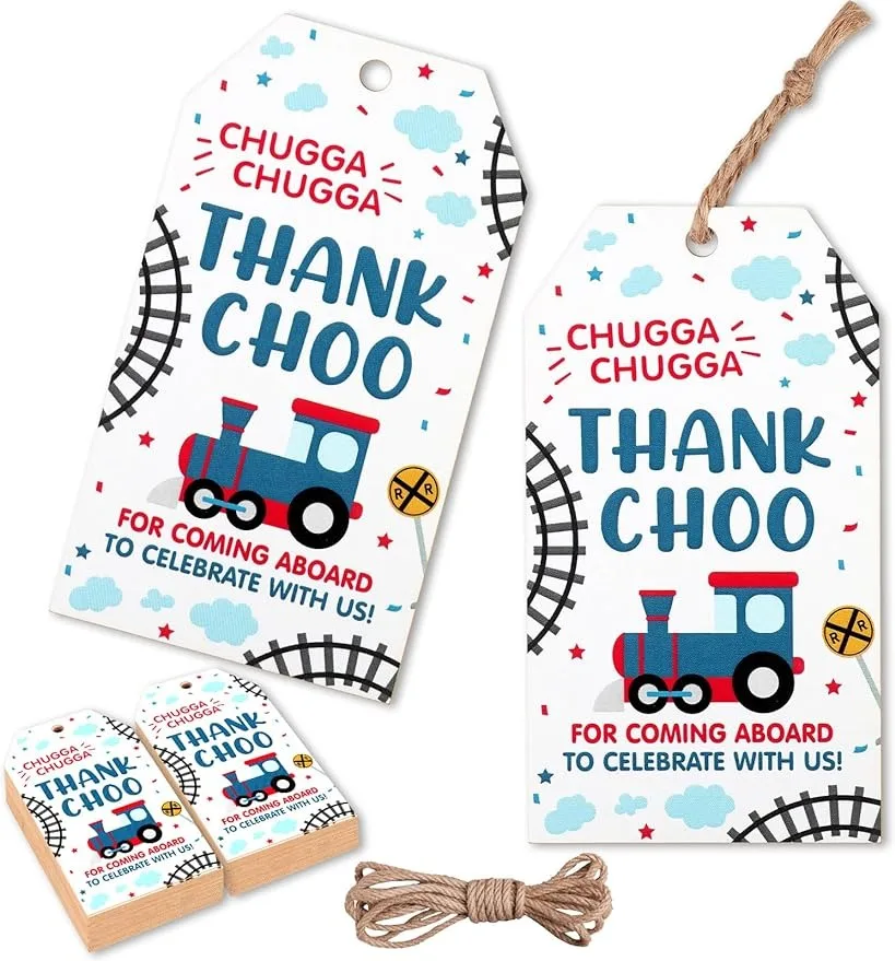 Fangleland 50Pcs Train Themed Thank You Label Single,Choo Choo Chugga Chugga Two Train Birthday Party Decorations Supplies