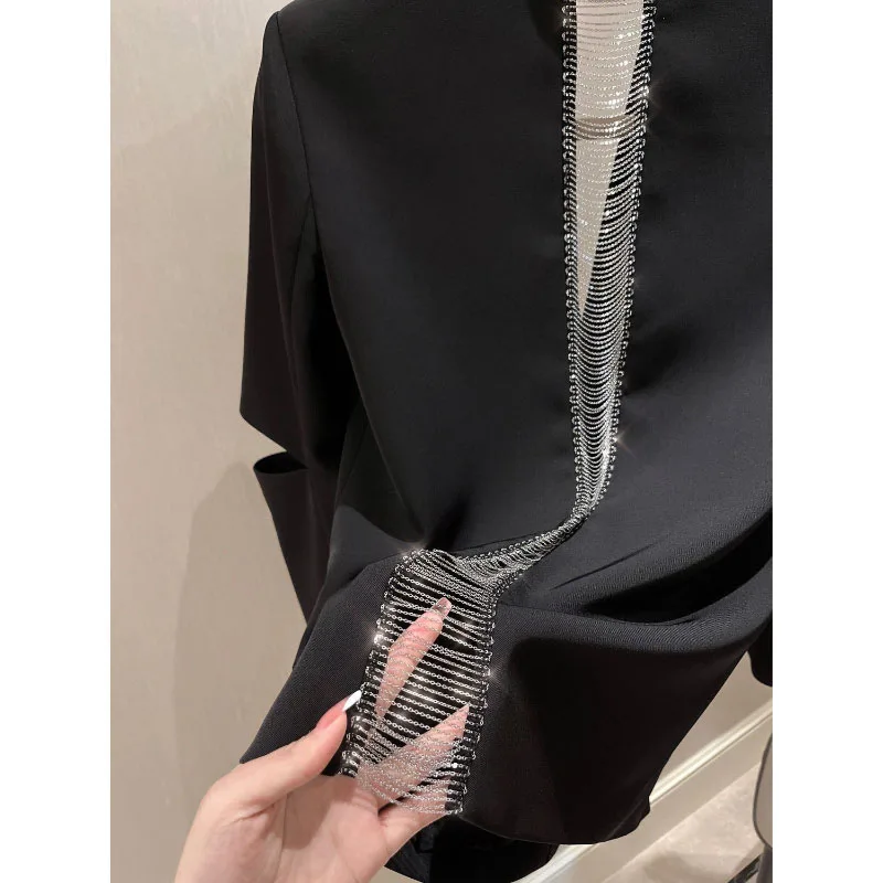 Character Hollow Backless Chain Suit Jacket Women\'s 2024 Spring Summer New Loose Blazer Fashion Long Sleeve High-End Suits Tops