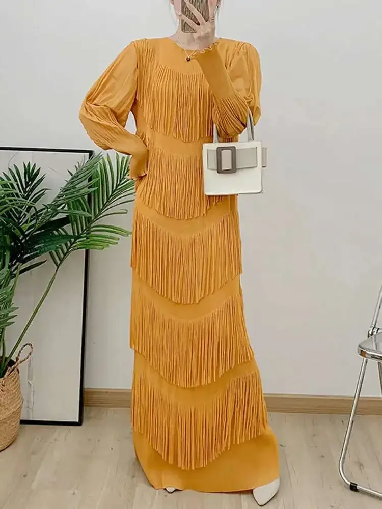 Geplooide jurk met kwastjes, dames, ronde hals, volledige mouw, chique elegante dame, 2025, zomer, nieuwe mode, casual dame, lange avondjurken
