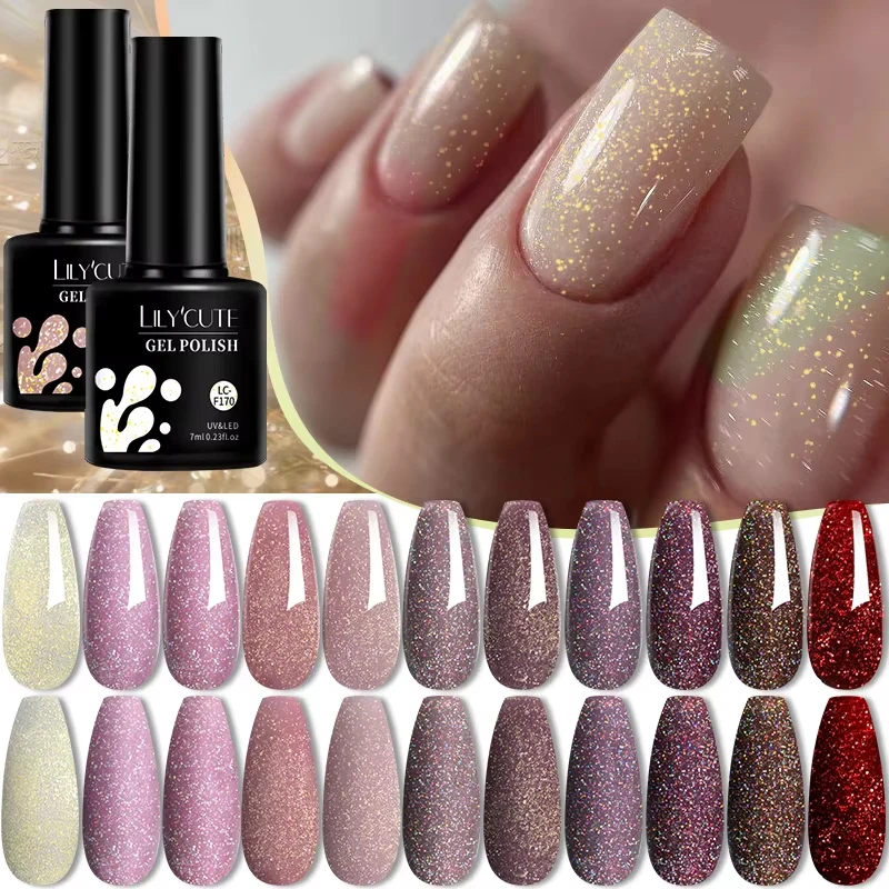 LILYCUTE Gold Aurora Glitter Gel Nail Polish Spring Nude Color Long Lasting French For Manicure Soak Off Nail Art UV Gel Varnish