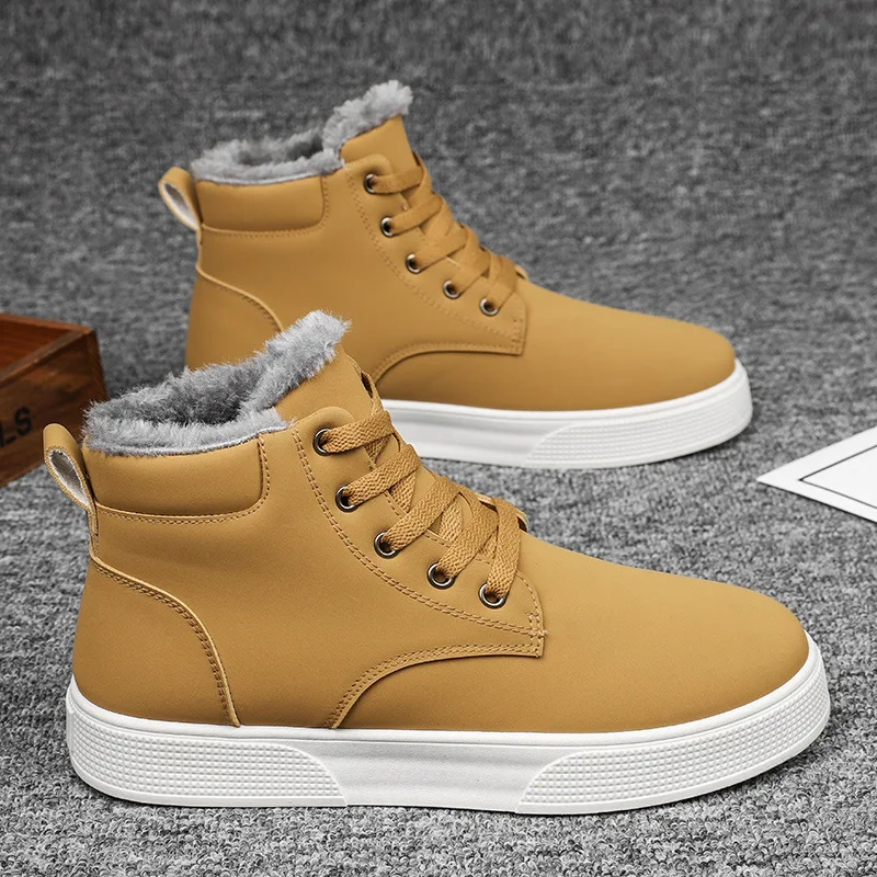 Zapatos cálidos con forro polar de invierno amarillo para hombre, botas de nieve de cuero británico para hombre, zapatos informales antideslizantes con plataforma para caminar, talla grande 46