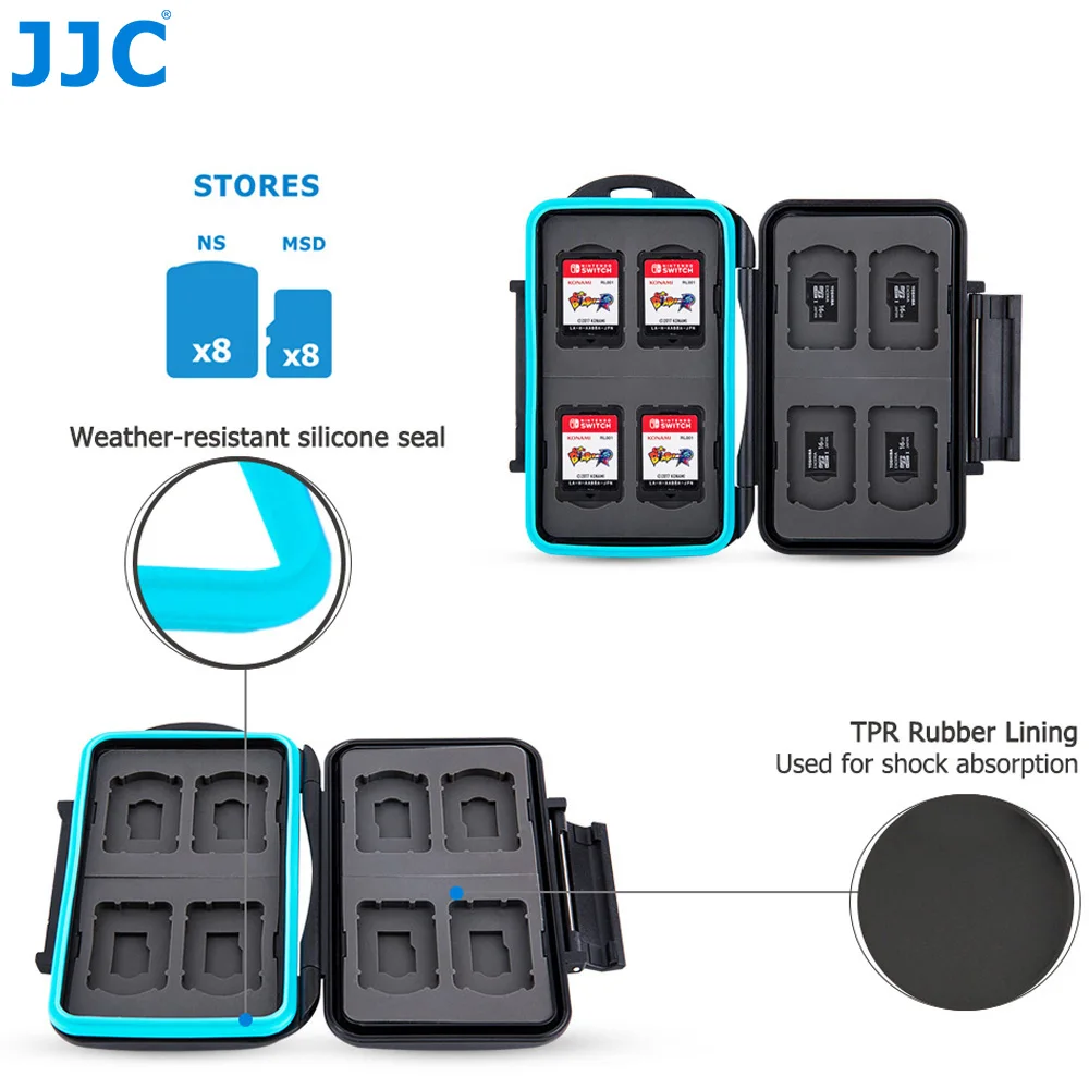 JJC Switch Game Card Case Waterproof MicroSD/TF Card Holder Container Box for 8 Nintendo Switch Game Cards + 8 Micro SD Cards