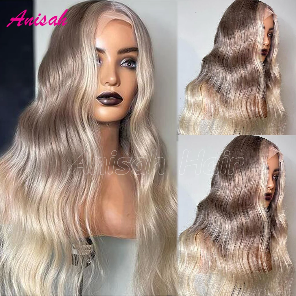 Ombre Blonde Colored Frontal Wigs Human Hair for Women Transparent Lace Front Human Hair Wig with Dark Root Pre Plucked