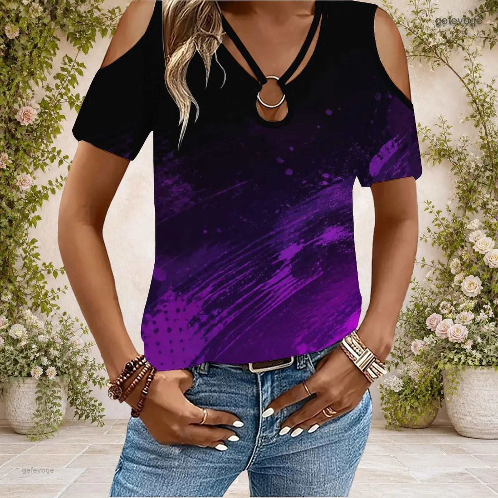 Women Cold Shoulder Short Sleeve T Shirt V Neck O Ring Keyhole Cutout Loose Casual Top Custom Print Ladies Daily Blouse