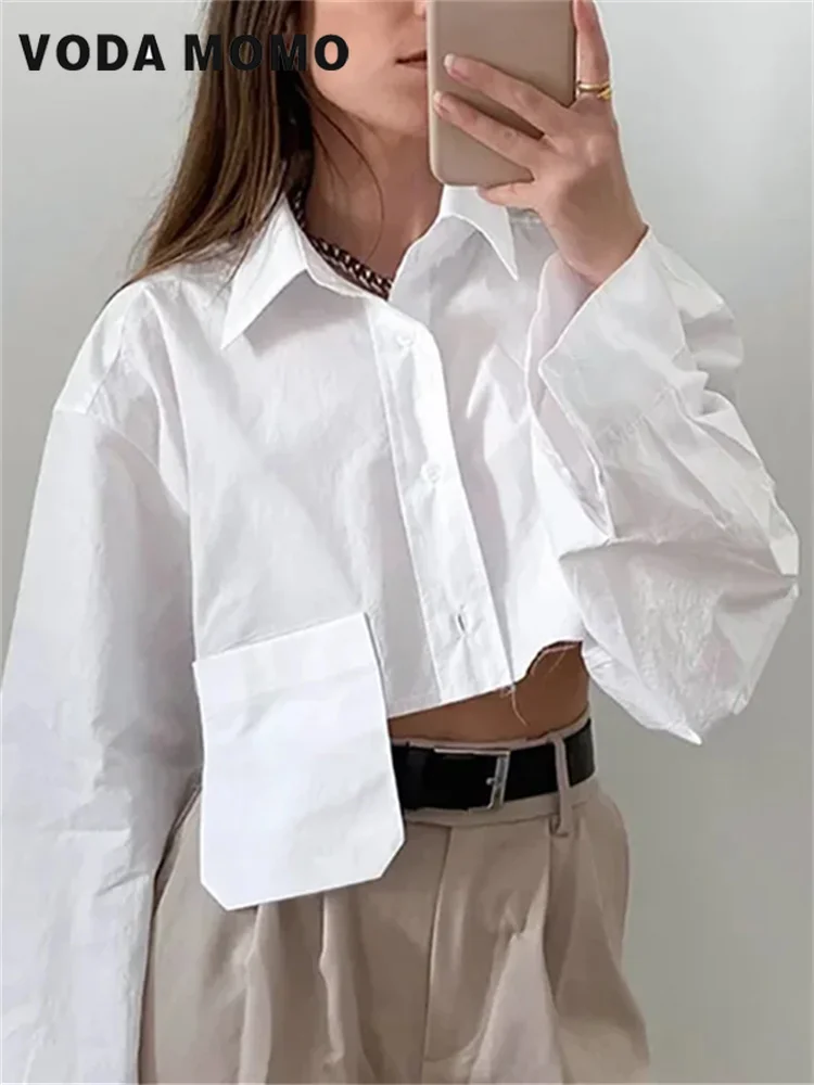 

Spring Summer New Simple Fashion Crop Tops Women Blouses Elegant Flare Sleeve Design Sense Asymmetry Solid Shirts Streetwear Top