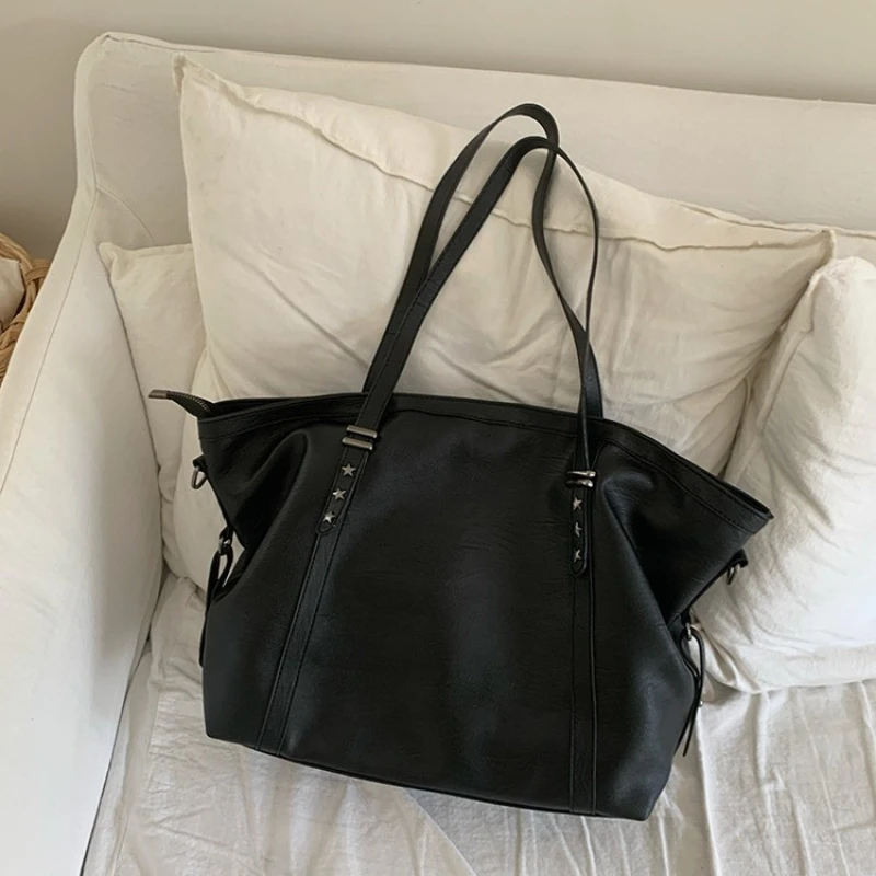 Versatile Large Storage Ladies Shoulder Bag, Black Soft Leather College Style Commute Tote Bag Casual Crossbody Handbag