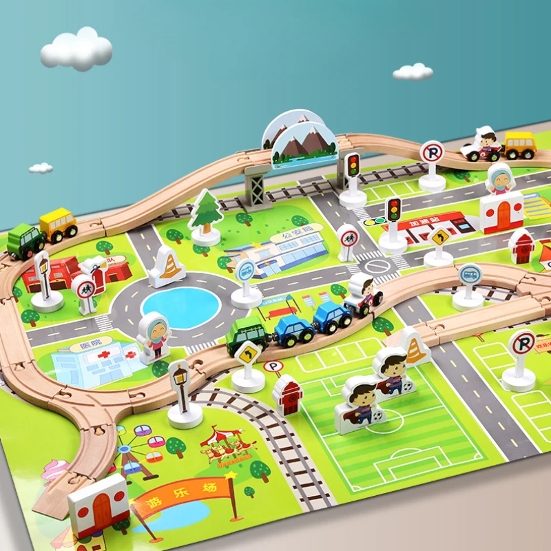 80 stücke Montessori Bildung Holz Puzzle Diy Städtischen Verkehrs Schiene Auto Holz Zusammengesetzte Bausteine Brettspiele Sensorischen Spielzeug Geschenk