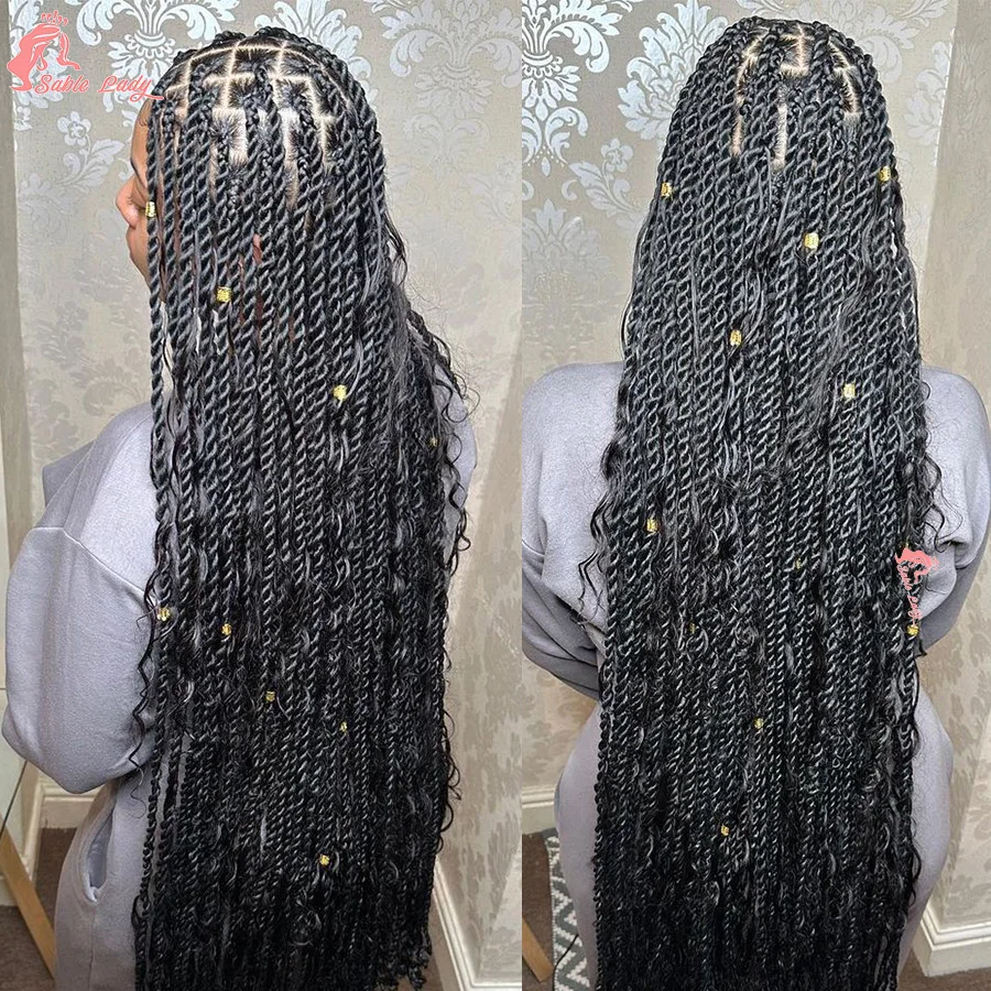 Goddess Boho Box Braided Wigs Synthetic Twists With Curls Ends Knotless Square Part Braids Wig Baby Hair Senegalese Island Twist