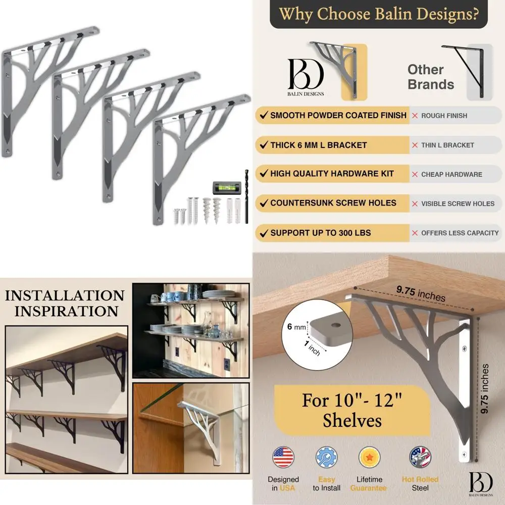 

Heavy-Duty 10 Inch Rustic Tree Style Iron Metal Floating Shelf Brackets, Silver Decorative L-Shaped Supports for Home Decor