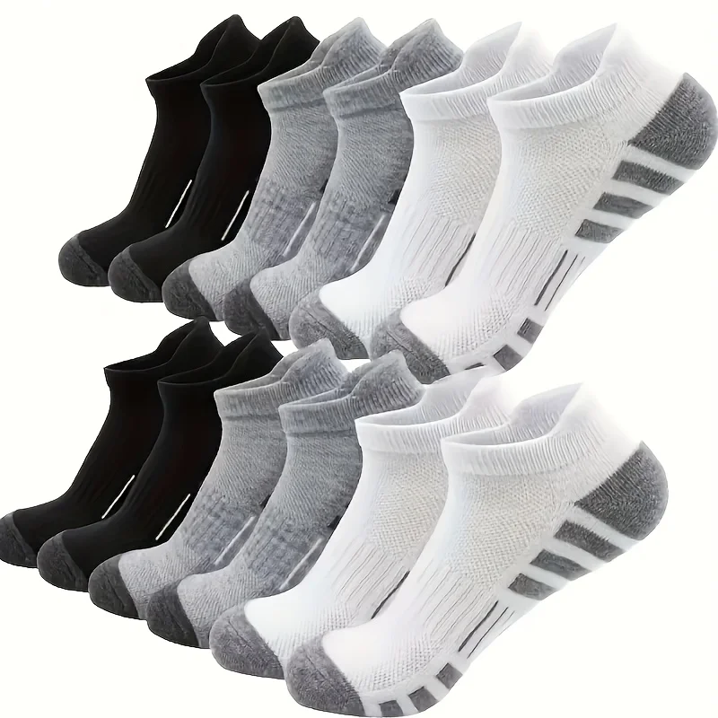 12 Paar dünne, atmungsaktive Sportsocken für Herren, feuchtigkeitsableitende, gestreifte Sportsocken für alle Jahreszeiten, langlebig, Schwarz, Weiß, Grau