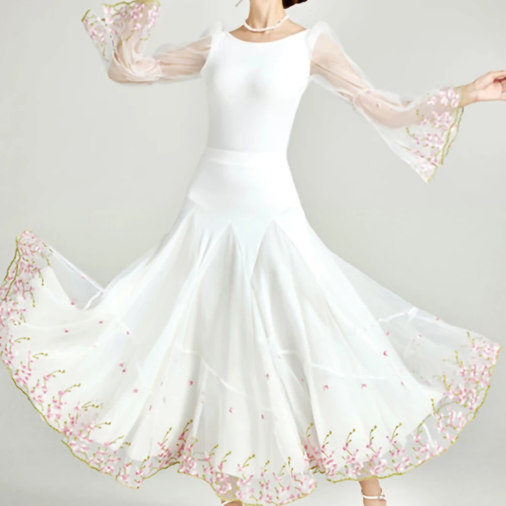 تنورة الفالس الحديثة الأبيض الأرجواني جودة عالية مسابقة الرقص الحديث مناسبة رسمية تنورة عرض مطرزة