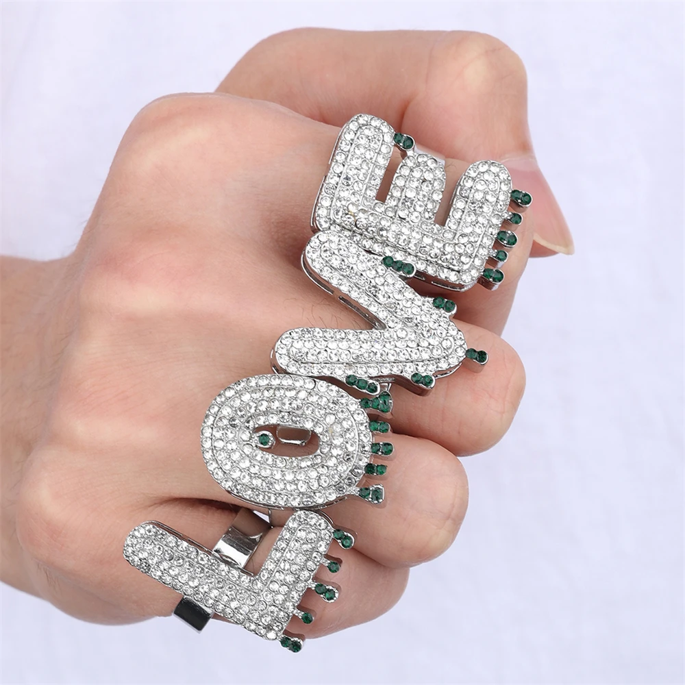 Hip Hop New Iced Out Big Letter Ring For Men Women Bling CZ Stones Paved Design Drop Water Letter Open adjustable Finger Jewelry