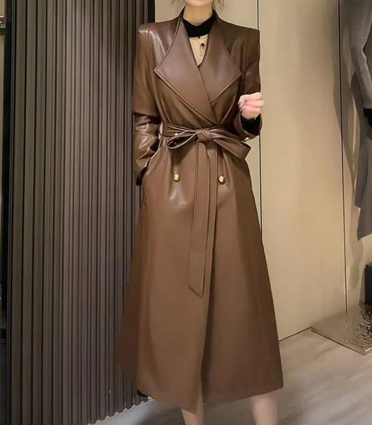 

2024 Spring Autumn Luxury Elegant Stylish Chic Long Brown Black Soft Pu Leather Trench Coat for Women Sashes Runway Fashion