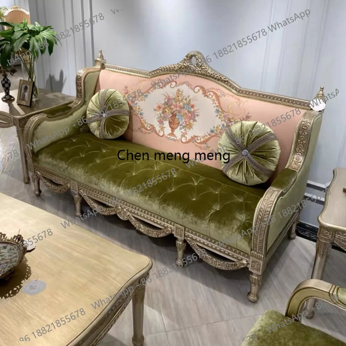 

French solid wood living room sofa combination palace style villa TV cabinet coffee table pink green printed fabric sofa