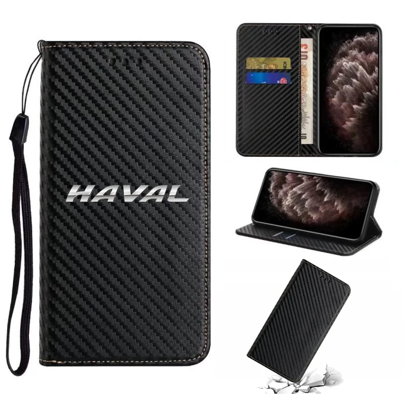 Haval Car Luxury Carbon Fiber Phone Case For iPhone 7 8 SE 14 13 12 11 Pro X XS XR Max Cover Wallet Card Slot Flip Leather