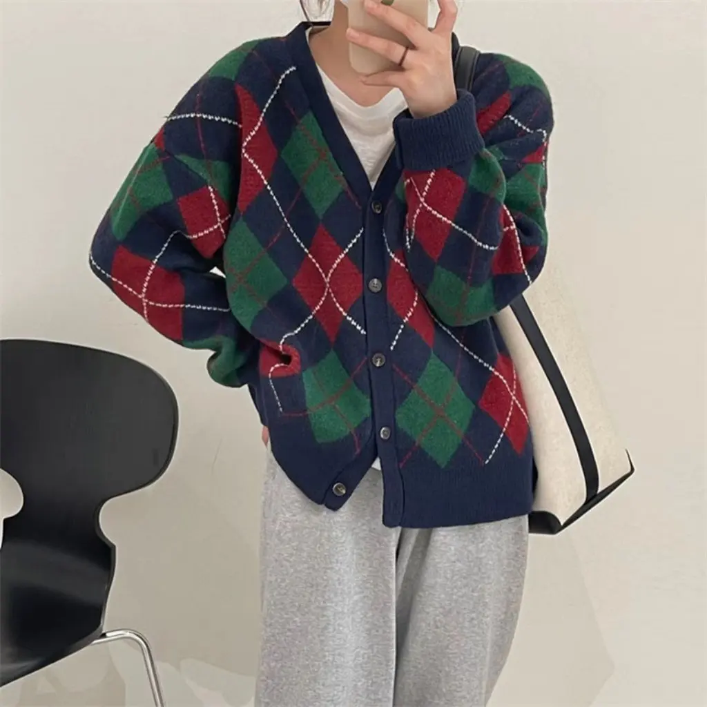 

Women's Rhombus Sweater Coat Korean Style Knitted Cardigan Top Outer Wear for Autumn Winter Niche Design Lazy Fashion