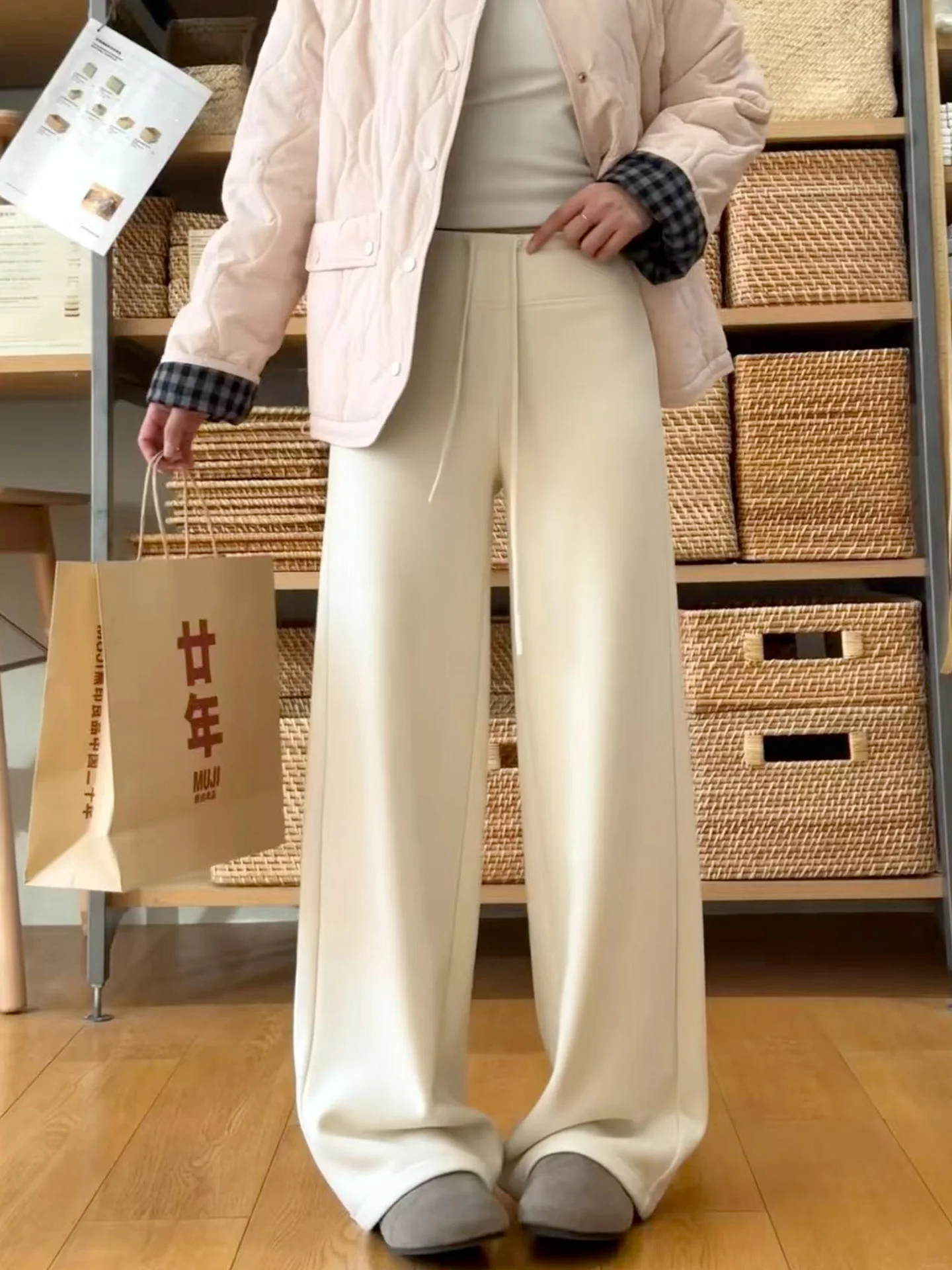 Pantaloni Larghi Bianchi Foderati in Pile per Donna, Vita Bassa, per Yoga e Sport, Pantaloni Casual a Gamba Dritta con Vita Alta e Cordoncino