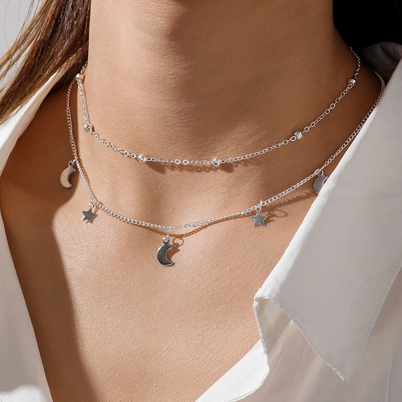Aihua Einfache Sterne Mond Halskette Mode Doppel Schicht Frauen Schlüsselbein Minimalistischen Anhänger Halsketten Collares Schmuck Bijoux Geschenke – Detail 2