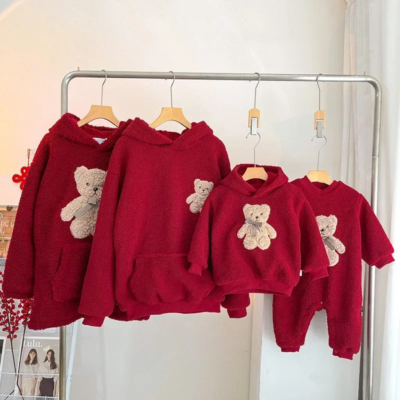 Mom Dad and Children's Winter Red Hoodies for Whole Family Bear Clothes Christmas Mother Father Daughter Son Hooded Sweatshirts