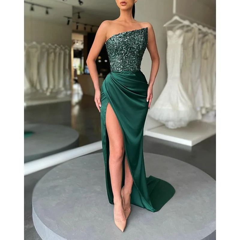 

New Fashion Green Fairy Wedding Long sleeved Diagonal Neck Elegant and Elegant Mid length Evening Dress