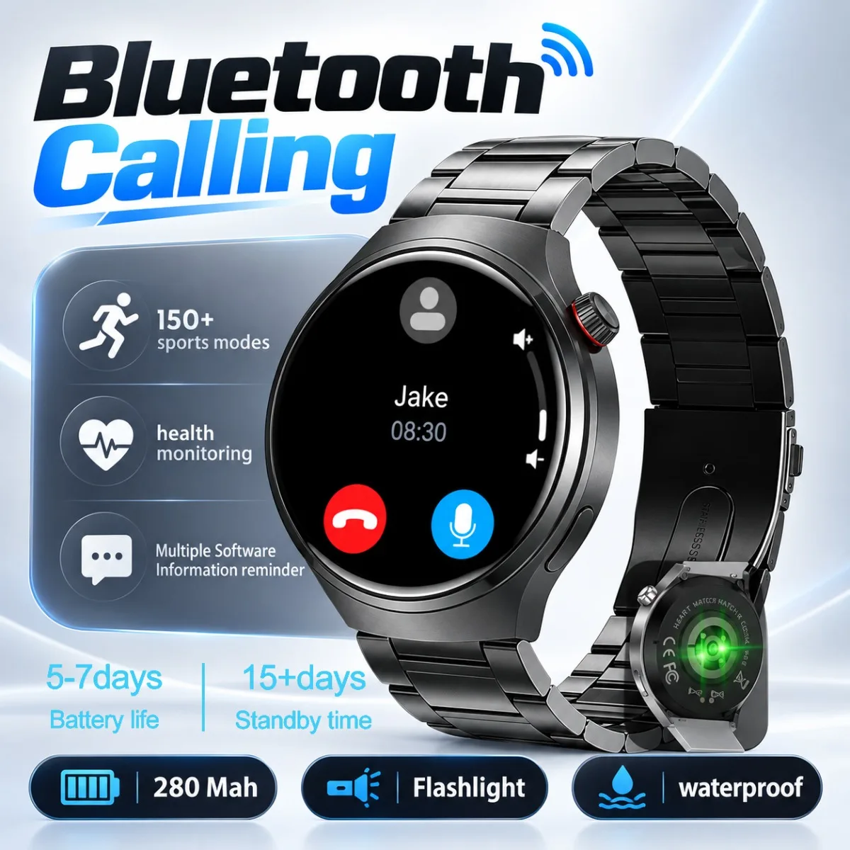 1.53 AMOLED Smart Watch Men:Bluetooth Calling 150+ Sports Mode Heart Rate  IP68 Waterproof Android IOS HD Screen SmartWatch