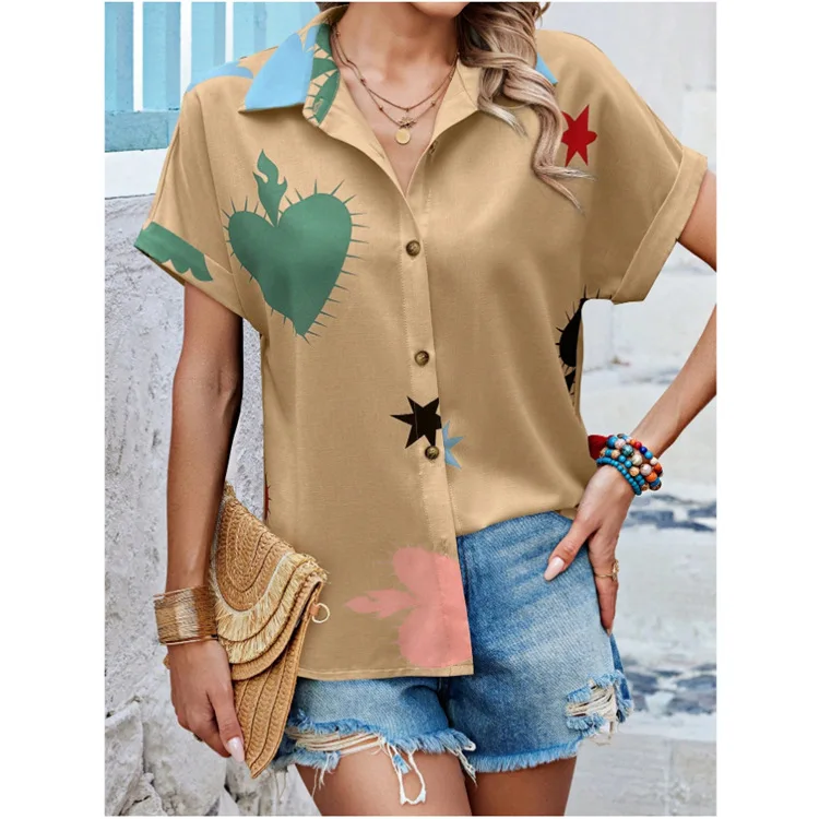 Moda impressa bolinhas camisa de manga curta feminina no verão casual solto botão topo para mulher 2025
