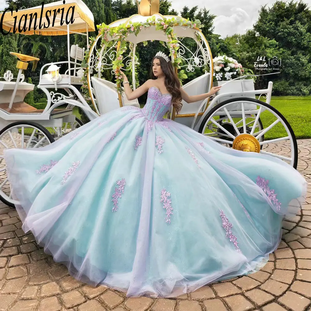 Vestido De baile sin mangas para quinceañera, traje azul claro con apliques rosas, corsé De encaje, 15 años