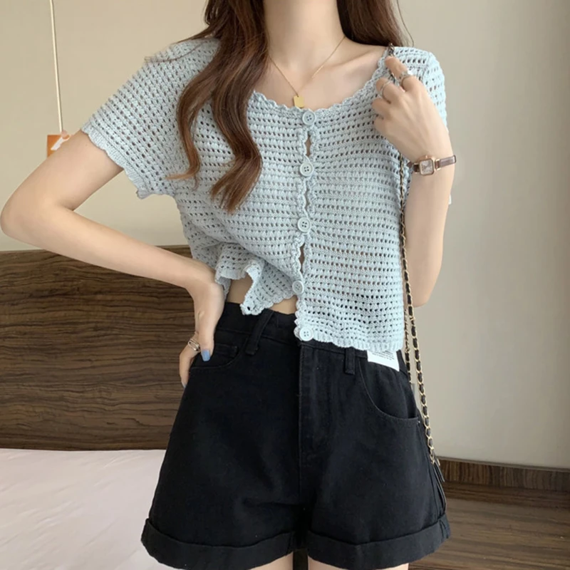 Women Buttons Up Short Cardigan Coat Knitted Hollow Out  tees Top shorts  Sleeved Thin Summer T-shirt Ruffles Casual Shirt