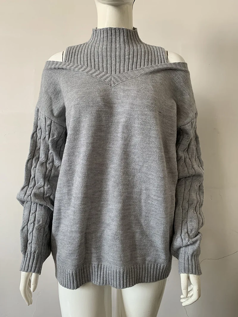 2023 Autumn Winter New Off Shoulder High Neck Long Sleeve European and American Sweater Loose Knit Cardigan