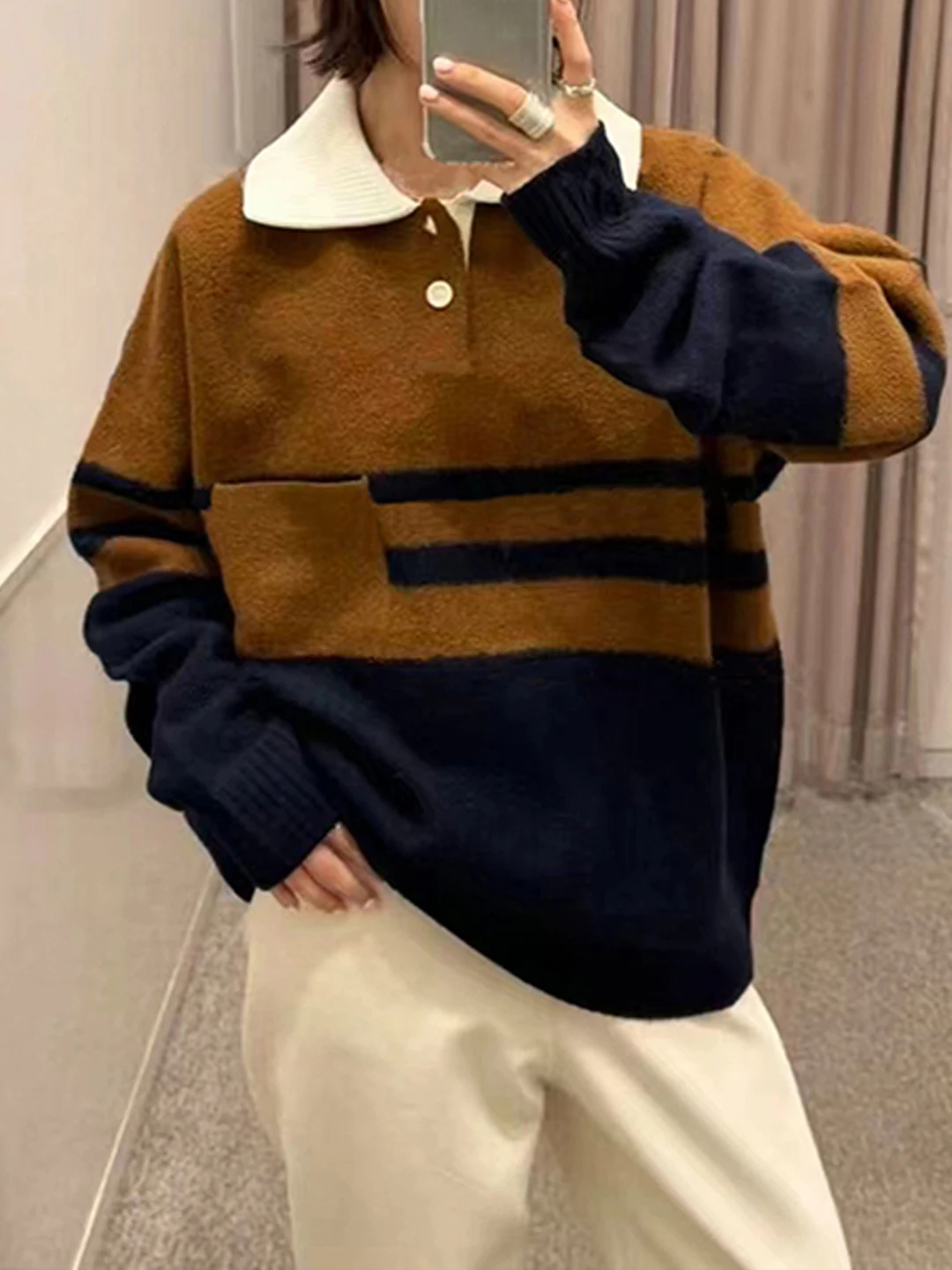 

Весна 2026, новый свободный вязаный свитер Ne в полоску, цвет Blo ex, мягкая двойная вязка, полиэстер, шерсть, нейлон, акриловая смесь