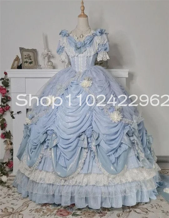 Romantic Rose Lolita rococo Victorian Prom Dresses with Sleeve 3D Floral Puffy Skirt Ruched V-neck Bustle costume evening gown