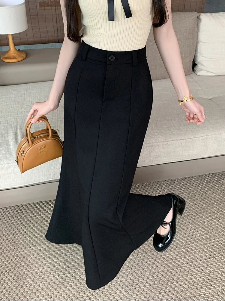 Falda larga de cola de pez de estilo coreano a la moda para mujer, faldas ceñidas Vintage de cintura alta para mujer, Falda Largas Beige, negro y gris