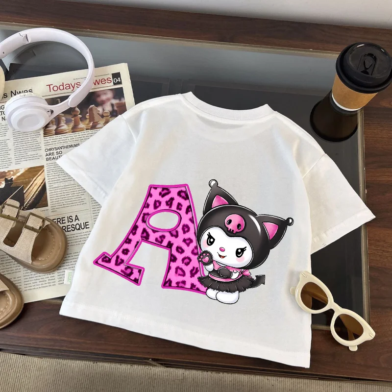 

Sanrio Kuromi Kids T-shirt Summer Children Cartoon Cotton Short Sleeve Tops Boy Anime Fashion Cute Tee Girl Casual Clothes Gifts