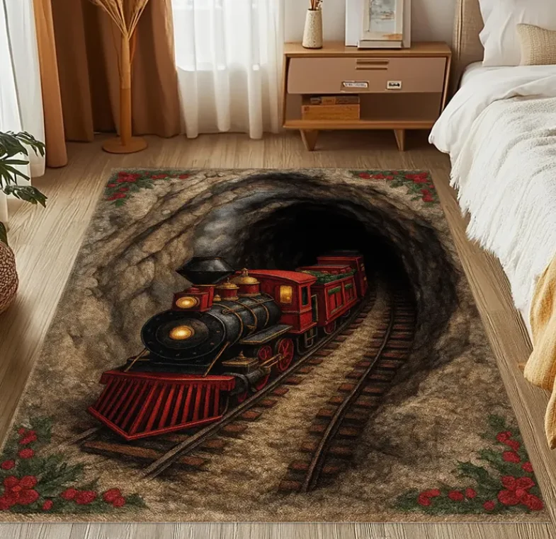 3D Train Tunnel Rug Steam Locomotive Illusion Carpet Living Room, Bedroom, Home Decoration