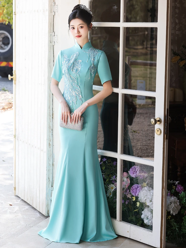 

High-End Improved Gown with Fi Tail Skirt for Stage Solo Performance Evening Gown Ancient Chinese Guzheng Host