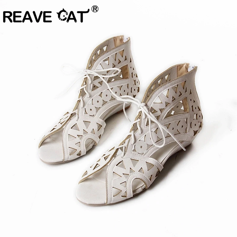 REAVE CAT Taglia grande 34-43 Sandali da donna con lacci gladiatore ritagliati Scarpe con zeppa open toe